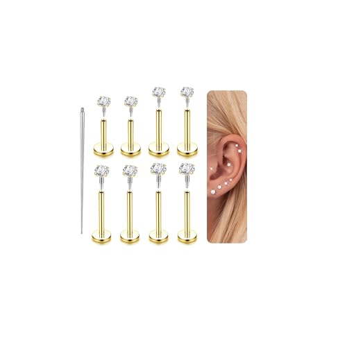 Kakonia 14K Gold Plated Flat Back Stud Earrings 316L Surgical Steel Internal Thread CZ Stud Piercing Jewelry for Tragus Helix Cartilage Conch Nose Hypoallergenic Lip Monroe Labret Medusa Piercing 16G
