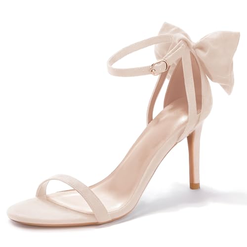 Coutgo Womens Ankle Strap High Heels Open Toe Stiletto Bow Tie Knot Heeled Sandals Fashion Wedding Dress Pump Shoes Beige 8.5