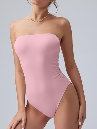 Image of OQQ Womens Tube Bodysuits Strapless Basic Sleeveless Ruched Stretch Classic-Fit Tops Sexy Bodysuits