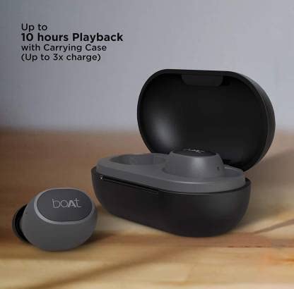 boAt Airdopes 173 earbuds and case showing 10 hours playback