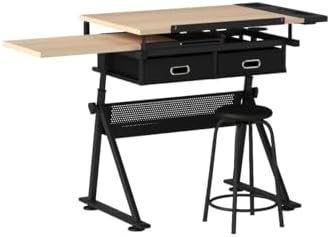 ZENY Drafting Table Drawing Desk Wooden Height Tilt Angle Adjustable Table Top with Stool and 2 Storage Drawers for Drafting Drawing