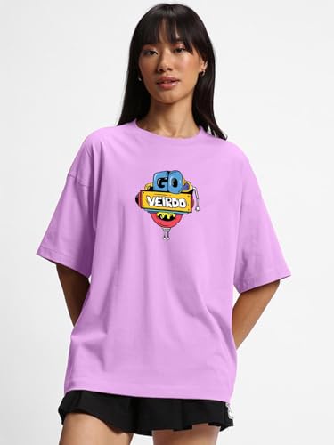 Veirdo® Pure Cotton Round Neck Oversized Baggy Fit Latest Stylish Front & Back Graphic Printed Half Sleeve Boyfriend T-Shirt for Women (Color Options- Black, Orange, Royal Blue & Lilac)