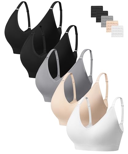 HBselect 5 Pack Bras for Women No Underwire, Deep V Wireless Bra T-Shirt Bralette Ribbed Everyday Comfortable Cami Bras
