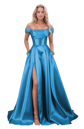 Women's Satin Prom Dresses with Slit Strapless A Line Corset Ball Gowns Off Shoulder Formal Evening Gowns with Pockets