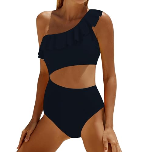 Monokini asymétrique à une épaule avec volant et découpe latérale géométrique