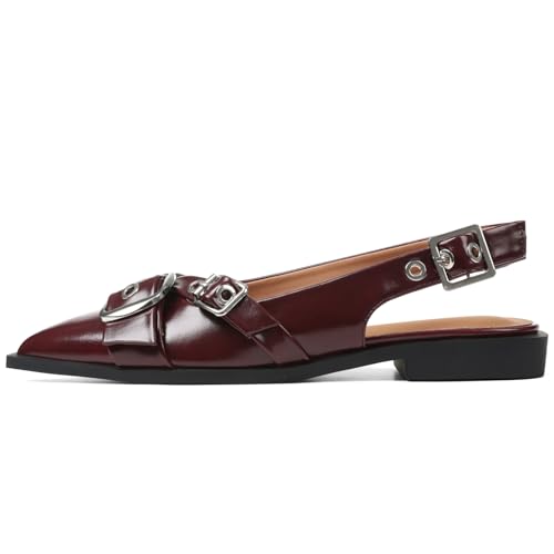 Women's Slingback Flats Closed Pointed Toe Low Heel Dress Flat Shoes Buckle Pathent Leather Ballet Flats for Women 2025 Comfrotable Work