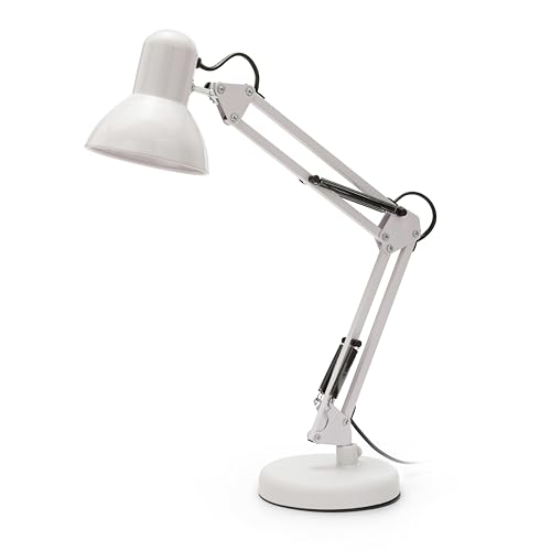 VELAMP - Lampada da Tavolo con Braccio Regolabile Charleston XL, Lampada da Scrivania Design Moderno, Abat Jour da Comodino per Lettura con Pinza da Tavolo - Attacco Lampadina E27, Cavo 150cm - Bianca