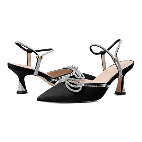Joseywade Black Low Heels Rhinestone Bow Heels Kitten Heels Slingback Pumps Sparkly Bow Tie Heels Closed Pointed Toe Women Ankle Strap Wedding Bridal 2.5" Satin Bow Knot Shoes Size 11.54