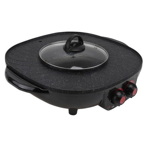GLEAVI Smokeless Electric Hot Pot Grill Dual Control Non Stick BBQ Pan with Thickened Glass Lid Multifunctional Teppanyaki Cooker for Home and Restaurant Black Pot with Triangle Plug