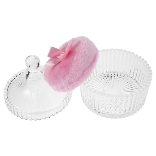 Beatifufu Fluffy Powder Puff for Women Large Soft Makeup Applicator Body Powder for Face Glass Container with Flower Brooch