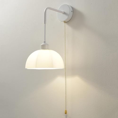 IUokLU Lámpara de Pared de Interior de Mediados de Siglo Aplique de Pared Moderno Retro con Interruptor de Cadena y Pantalla de Vidrio Apliques de Pared nórdicos,Blanco