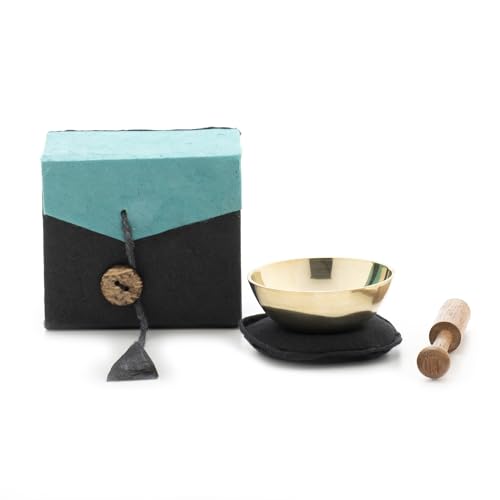 MINI-Klangschale in türkisfarbener Geschenkbox inklusive schwarzer Unterlage und Holzklöppel I Zarter Klang für feines Hören I Die nette Geschenkidee und kleines Mitbringsel für Klangschalen-Fans