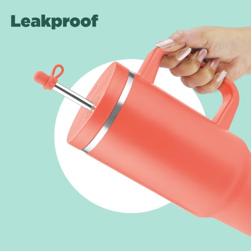 Image of Milton My Tumbler 1200 Thermosteel Double Wall Vacuum Insulated Stainless Steel Tumbler with Handle 1100ml,Leak Proof Travel Mug,Straw,Silicon Cap Cleaning Brush,Hot & Cold Beverage Flask,Coral Orange