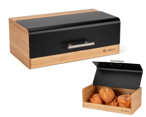 EliteHoff Boîte à pain en bambou et métal, boîte à pain rectangulaire env. 36 x 20 x 14 cm, boîte à pain avec couvercle à rabat, conservation du pain...