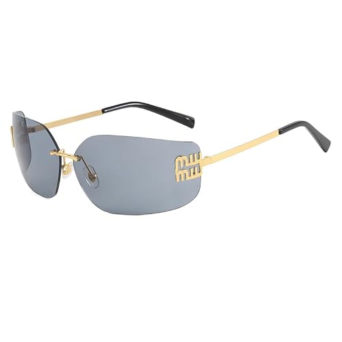 Image of EBJDE Rimless Y2K Sunglasses Women Retro Trendy Wrap Around Shield Frame Designer 90s Fashion Glasses