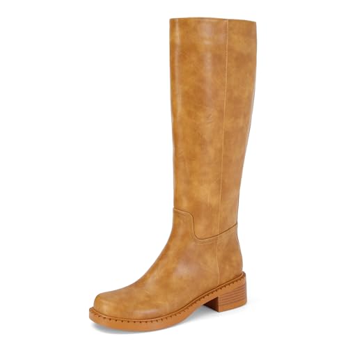Image of Dsevht Black Knee High Boots for Women Faux Leather Elastic Low Heel Round Square Toe Side Zipper Fall Long Tall Boot