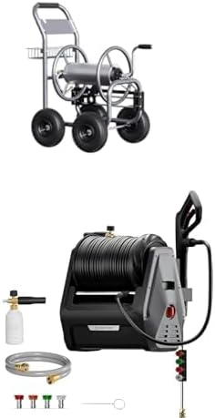 Giraffe Tools Water Hose Reel with Wheels,250ft of 5/8" Hose Capacity+Giraffe Tools Grandfalls Wall Mounted Pressure Washer with 100ft Hoses, G30B, Max 2900 PSI, 2.2 GPM, Foam Cannon, 4-Nozzles