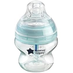 Tommy Type Biberones Tommee Tippee Biberón Anticólico con Tetina con Forma de Pecho y Sistema de Aireación Anticólico, 150ml, Pack de 1, Transparente (color y diseño varían)