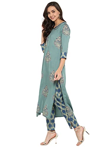 Janasya Indian Women's Rayon Turquoise Foil Print Casual Wear Kurta Set for Women3