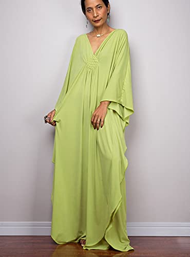 beach cover up vneck Caftan Women's Plus size Caftans solid color silk feeling kaftan dresses loose soft kaftan dresses loungewear light weight side split Beach Maxi Dresses 8702-6 (A-Green) - Image 8