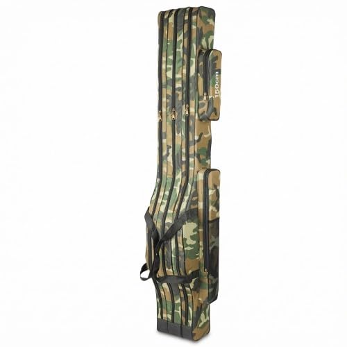 Bolsa de pesca, estuche de pesca de 150 cm, 3 compartimentos, impermeable, plegable, estuche para cañas, herramientas pescar con correa de transporte para cañas, sacadera, accesorios (Marrón claro)
