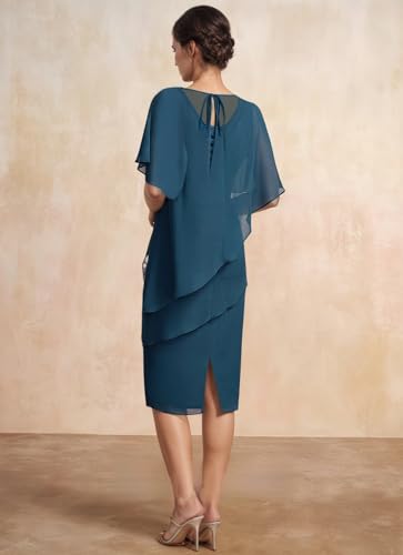 Wchecalino Women's Tea Length Mother of Bride Dresses for Wedding Chiffon Ruffle Sleeve Formal Evening Dress3
