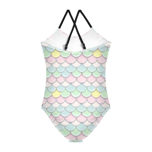 senya Girls Swimsuits One-Piece Swimwear Tie Bathing Suit Beach Summer Round Neck 9-10T Blue Pink Green Scale Pattern2