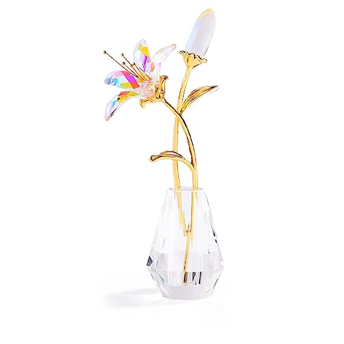 Ornalrist Crystal Lily Flower Collectible Figurine Gifts for Women Mum Glass Lilium Floral with Metal Stem Crystal Vase for Wedding Valentine's Day Party Home Ornament Decor (Clear)