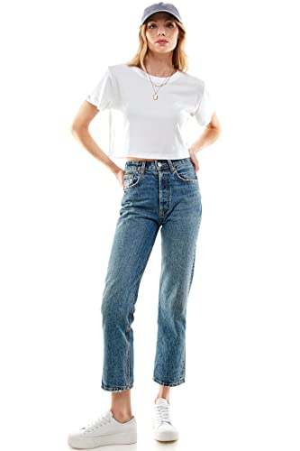 Women's Boxy Crop Top Round Neck Short Sleeve Casual 100% Cotton Cropped Tee T-Shirt, White, Medium #TOP3