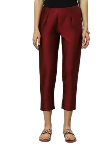 Image of Maroon Polyester Slim Solid Pants