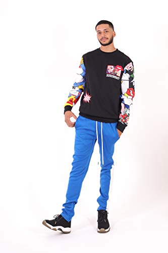Screenshot-F11062 Mens Urban Hip Hop Premium Pullover Fleece - Pop Art Animation Retro Arm Print Street Fashion Crew Neck Sweatshirt-Black-Small #TOP1