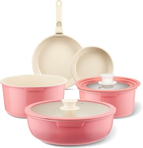 IKTU Ceramic Pots and Pans Set Non Stick Pink, 19 Pcs Nonstick Cookware Set with Detachable Handle...
