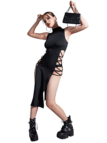 Verdusa Women's Crisscross High Split Mock Neck Sleeveless Midi Bodycon Dress Black L #TOP3