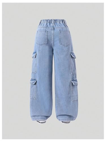 Floerns Girl's Elastic Waist Jean Cargo Pants Baggy Wide Leg Flap Pocket Denim Pants2