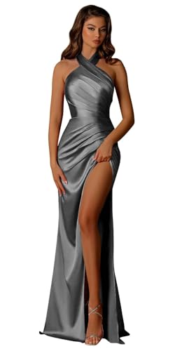 Image of Halter Satin Bridesmaid Dresses Long with Slit for Women Mermaid Prom Dress Pleated Formal Gown Evening Dress