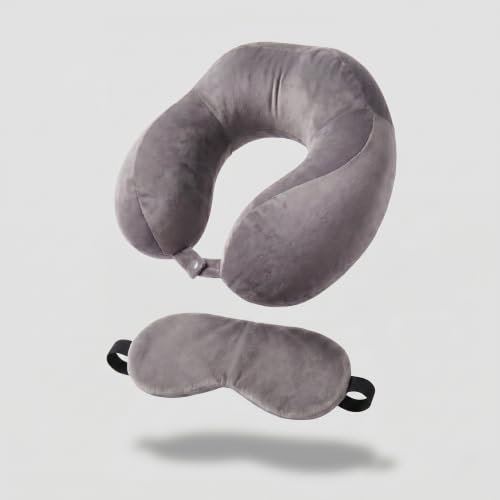 Image of Premium Fiber Filled Neck Pillow, Aeroplane Travel Pillow Neck Adjustable 360 Degree Support Headrest Neck Support Comfortable Pillow with Eye Mask (Grey)