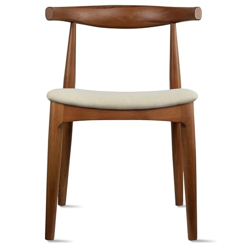 2xhome Solid Wooden Dining Chair | Upholstered Beige Cloth Linen Cushioned Seat | Modern Farmhouse Elbow Side Chair | Home Kitchen Office Meetings Espresso Single Set of 1