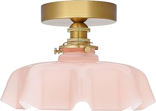 Plafonnier semi-encastré en laiton avec abat-jour verre rose d'entrée