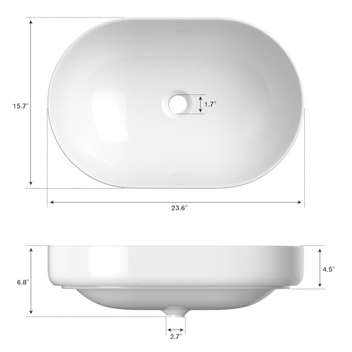 Ellai Polaris Oval Bathroom Vessel Sink Drop In Sink White Semi Recessed Vessel Sink Modern Ceramic Bathroom Sink Bowl 23.6 Inch X 15.7 Inch X 6.8" thumb #2