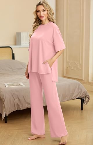Image of PrinStory Womens Pajamas Sets 2 Piece Lounge Set Short Sleeve Tops and Long Pants Soft Pjs Loungewear with Pockets