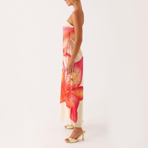 Image of Women Y2k Strapless Maxi Dress Summer Backless Floral Long Tube Dress Off Shoulder Cocktail Party Dress
