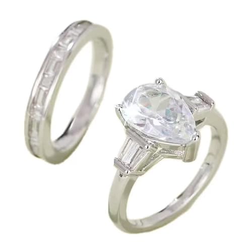DCFSHEE Sterling Silver Solitaire Wedding Engagement Rings Set,Pear&Baguette Cut Cubic Zirconia CZ Halo Promise Bridal Fashion Ring for Women Size 6-10（9）