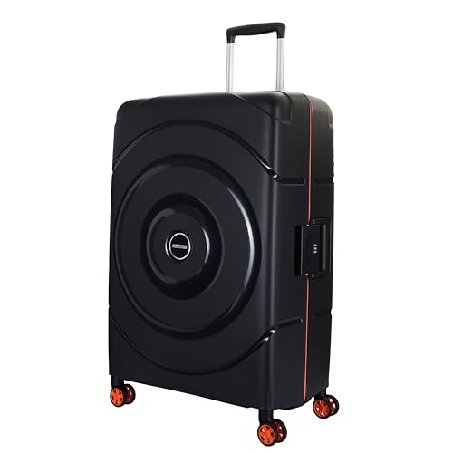 Image of American Tourister Polycarbonate Material Circurity Max 77 cm Small Hardside Cabin Suitcase with Xtrasecu 3-Point Locking System & Double Spinner 8 Wheels for Unisex - Black