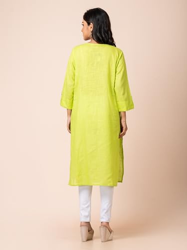 Image of Susmita Gift House Women's Slub Cotton Round Neck 3 /4 Sleeves Front Button Solid Kurti