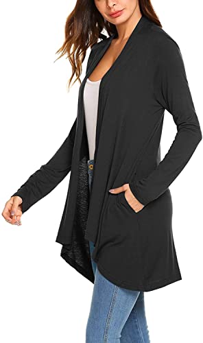POGTMM Boyfriend Cardigans for Women Long Sleeve Lightweight Cardigans with Pockets (Black, US XL(16-18))