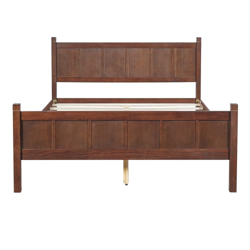Image of Queen Size Vintage Bed Frame with Headboard, Farmhouse Wooden Platform Bed with Under-Bed Storage, Minimalist Modern Wood Grain Finish Bedframe for Bedroom (Dark Walnut)