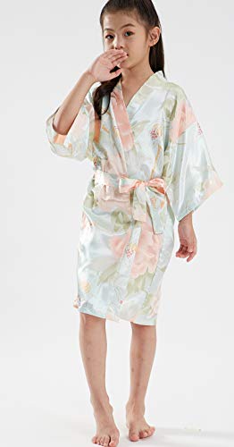 Girls Floral Silk Kimono Robe Wedding Flower Girl Robes Dressing Gown Bathrobes Housecoat Light Blue #TOP1