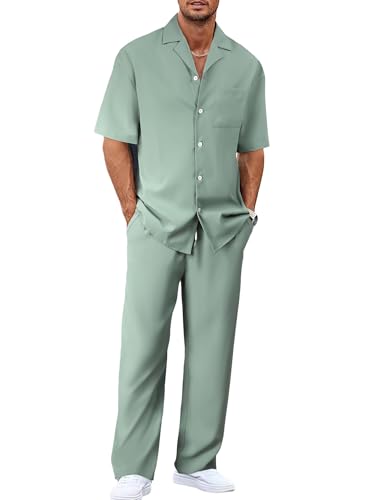 Men’s 2-Piece Solid Color Set Short Sleeve Button-Down Shirt with Chest Pocket and Matching Pants