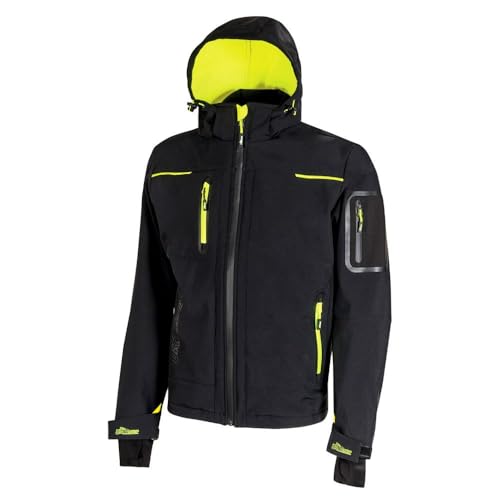 U-Power SPACE, Giacca Softshell, con Cappuccio Staccabile, Tasche Ampie, Full Zip, Antivento, Impermeabile, Tessuto Resistente, Confortevole (BLACK CARBON - L)