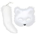 UCMULLUC Therian Mask Faux Fur Fox Mask,Therian Mask and Tail for Girl Furry Cat Fox Wolf Mask Therian for Women Halloween Costume (White), Standard